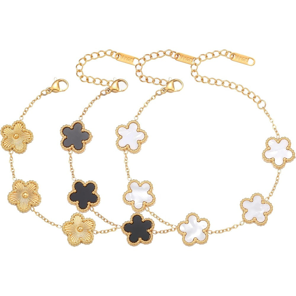 Four Leaf Clover Bracelet Set for Women - 3Pcs 18K Gold Plated Flower Lucky 4 Leaf Link Bracelet Jewelry Gift for Women Van Cleef
