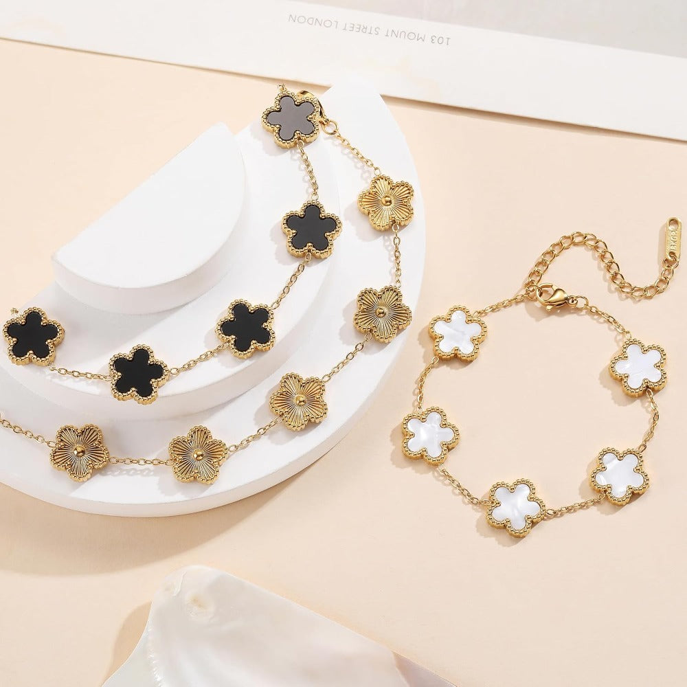 Four Leaf Clover Bracelet Set for Women - 3Pcs 18K Gold Plated Flower Lucky 4 Leaf Link Bracelet Jewelry Gift for Women Van Cleef