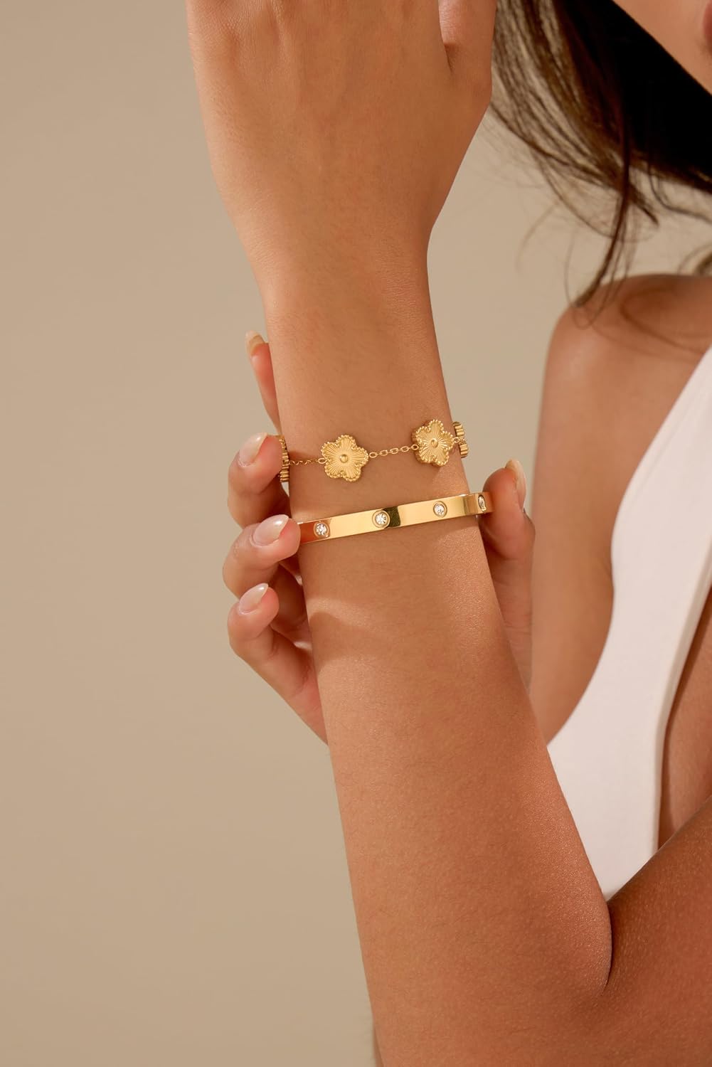 18K Gold Plated Clover Bracelet Love bangle Set for Women - Stack Friendship Bracelet Lucky Link Bracelets Jewelry Gifts Trendy for Women