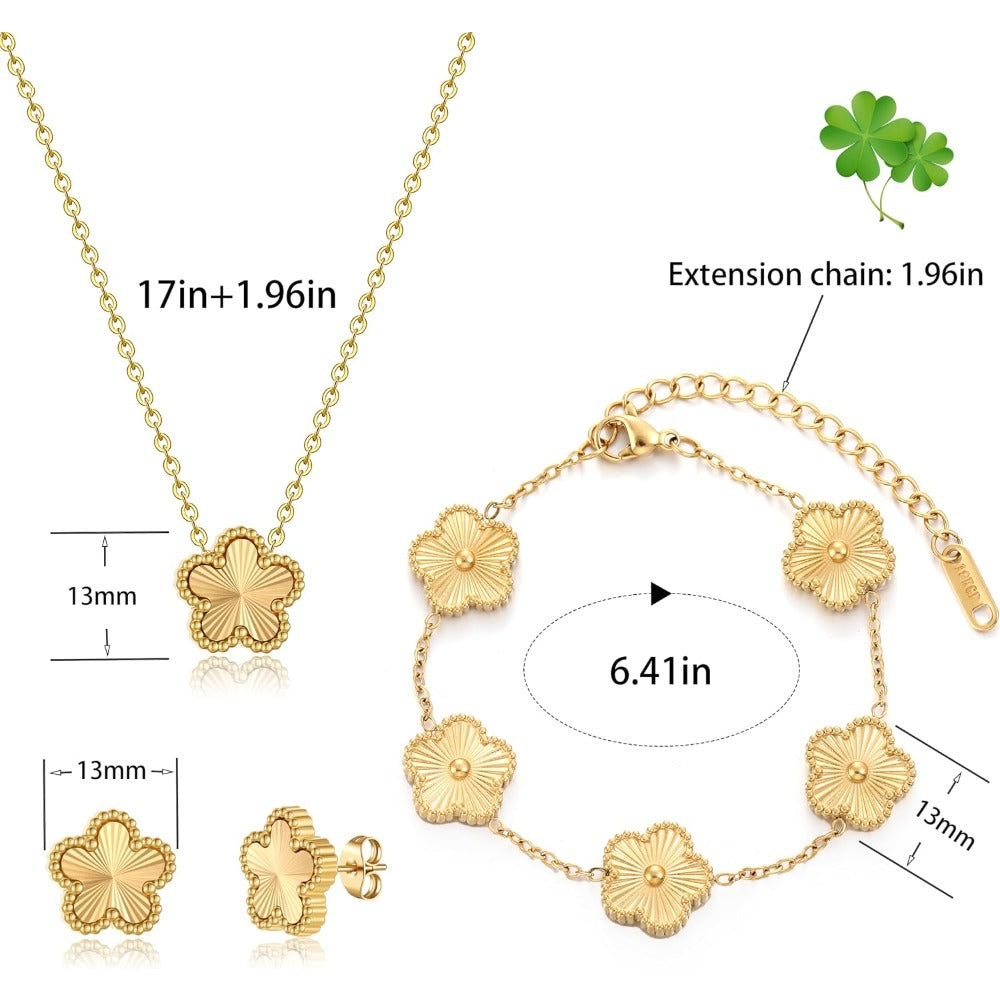Four Leaf Clover Bracelet Set for Women - 18K Gold Plated Flower Lucky 4 Leaf Necklace Bracelet Earrings Jewelry Sets Gift for Women