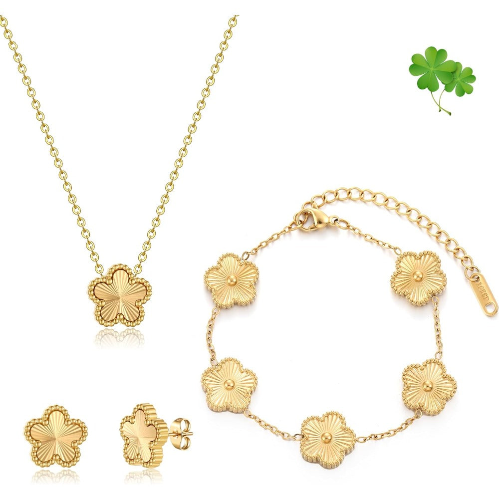 Four Leaf Clover Bracelet Set for Women - 18K Gold Plated Flower Lucky 4 Leaf Necklace Bracelet Earrings Jewelry Sets Gift for Women