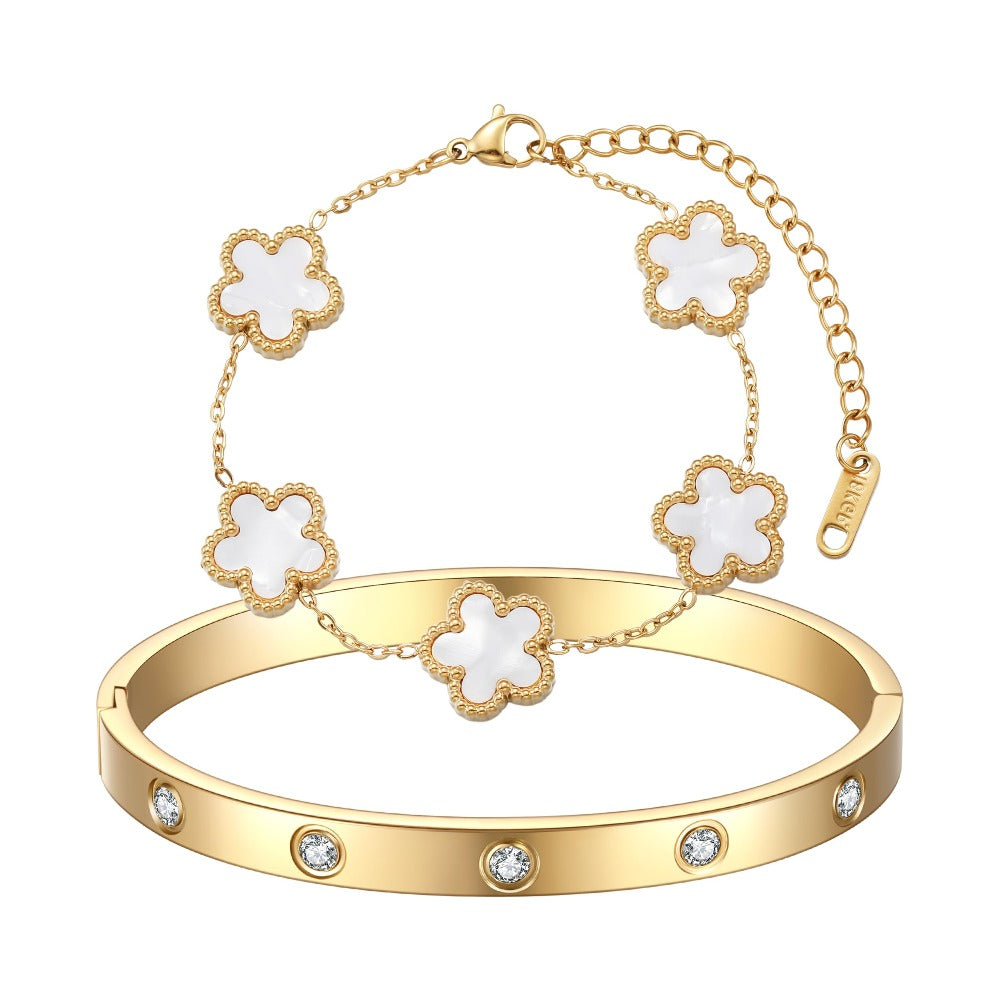 18K Gold Plated Clover Bracelet Love bangle Set for Women - Stack Friendship Bracelet Lucky Link Bracelets Jewelry Gifts Trendy for Women